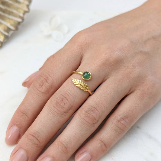 Bague en acier inoxydable ajustable feuille et cabochon pierre naturelle