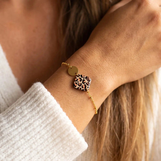 Bracelet en bois, résine et acier inoxydable - Léopard
