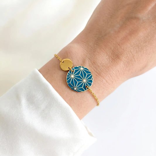 Bracelet en émail bleu pour femme - Motif Etoiles japonaises Bleu canard