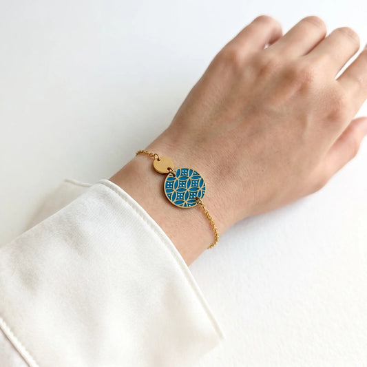 Bracelet en émail bleu pour femme - Motif Ellipses japonaises Bleu canard