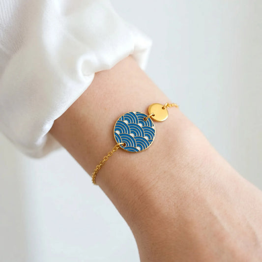 Bracelet en émail bleu pour femme - Motif vagues japonaises Bleues