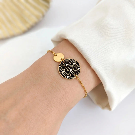 Bracelet en émail pour femme - Motif vagues japonaises Noires